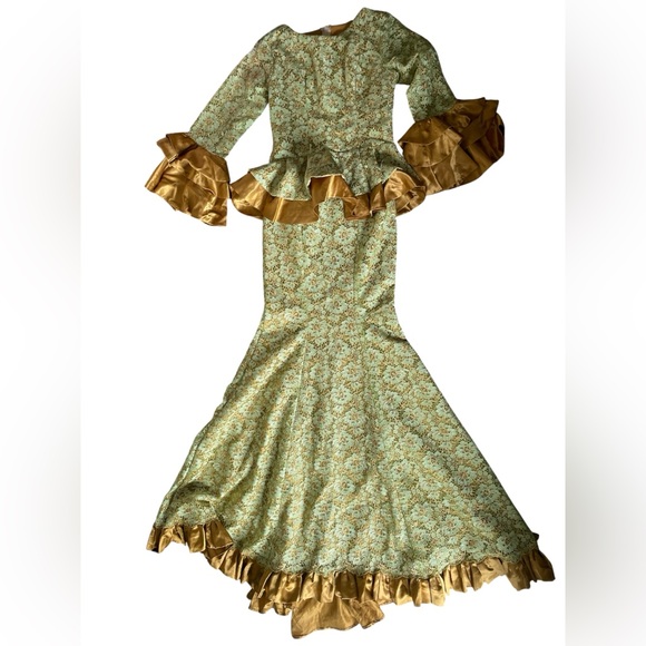 Traditional Dresses & Skirts - Nigerian lace Aso Ebi two-piece set peplum top with dramatic ruffled sleeves